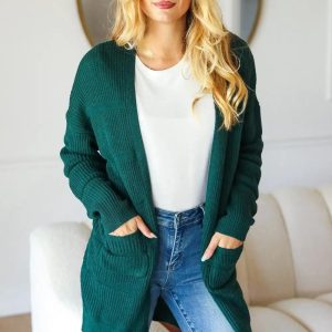 Haptics Stripe Textured Open Front Cardigan with Pockets