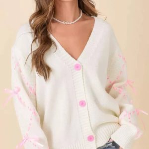 Hand Sewn Satin Ribbon Detail On Sleeve Cardigan