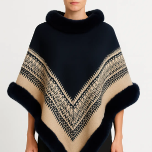 Chevron Trim Poncho With Faux Fur Collar
