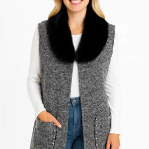 Sleeveless Wool-blend Vest With Faux Fur Collar