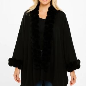 Open-front Cape With Pom Faux Fur Trim