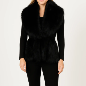 Black Sleeveless Faux Fur Vest With Cinched Waist