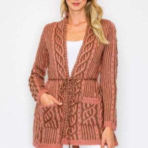 Open Wool Cardigan With Belt String & Front Pocket