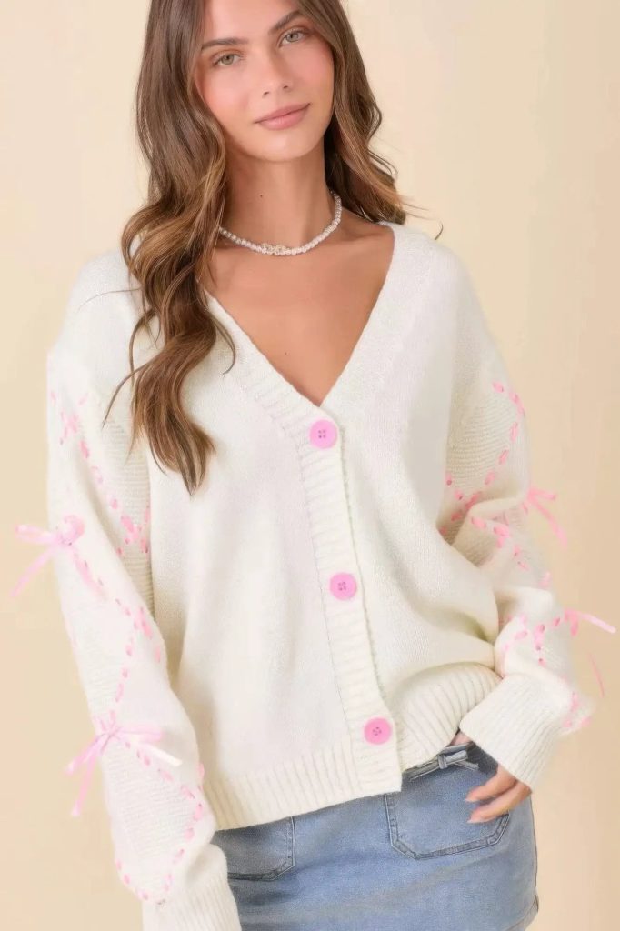 Hand Sewn Satin Ribbon Detail On Sleeve Cardigan