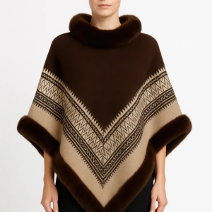 Chevron Trim Poncho With Faux Fur Collar