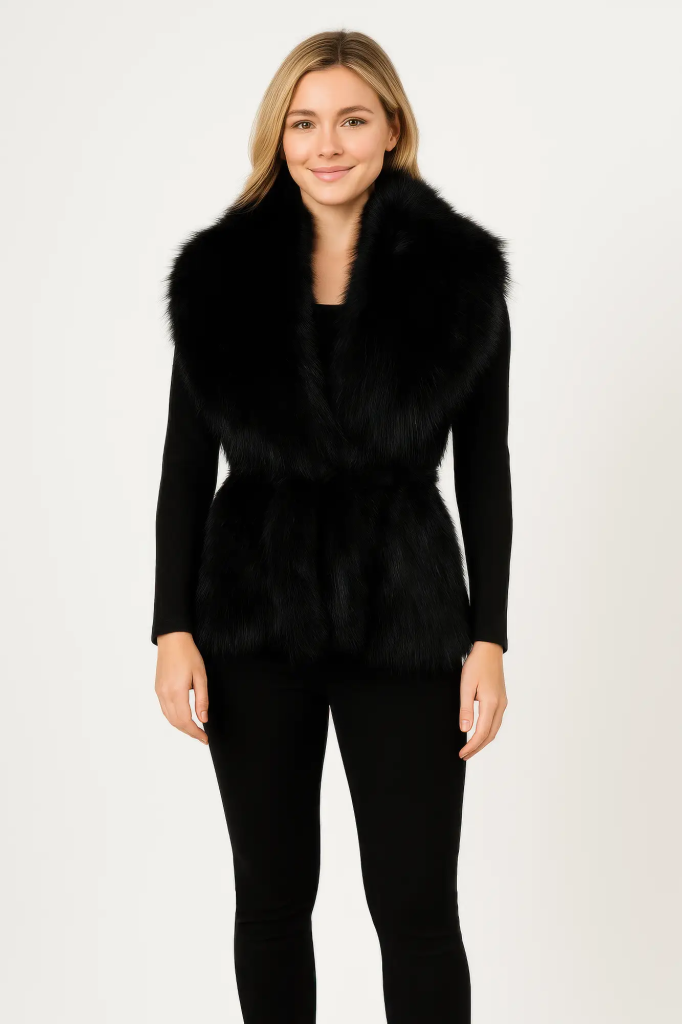 Black Sleeveless Faux Fur Vest With Cinched Waist