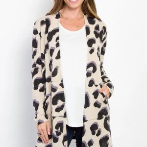 Be Stage Printed Open Front Knit Cardigan with Pockets